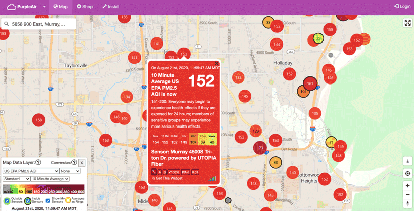 purple air quality of air map area